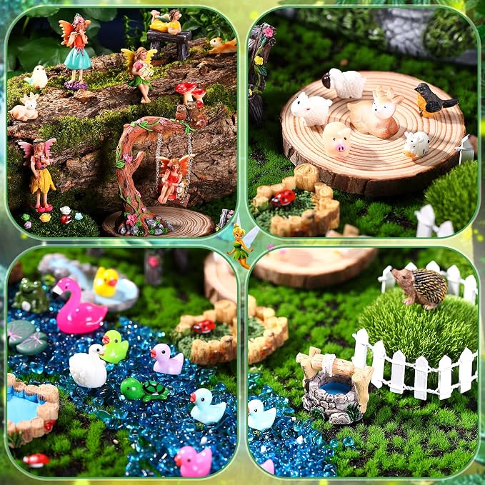 100 Pcs Fairy House Garden Kit Accessories Miniatures Fairy Figures Gnomes Mushroom House Solar Light Resin Dwarfs Statue Micro Landscape Ornaments for DIY Yard Outdoor Decoration