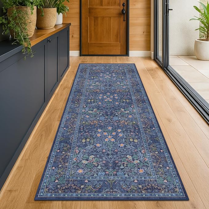 Dark Blue 3x12 Extra Long Wide Runner Rug for Hallway, Non Slip Washable, 12 ft Large Kitchen Floor Rugs for Indoor Entrance, Low Pile Stain Resistant Vintage Floral Carpet