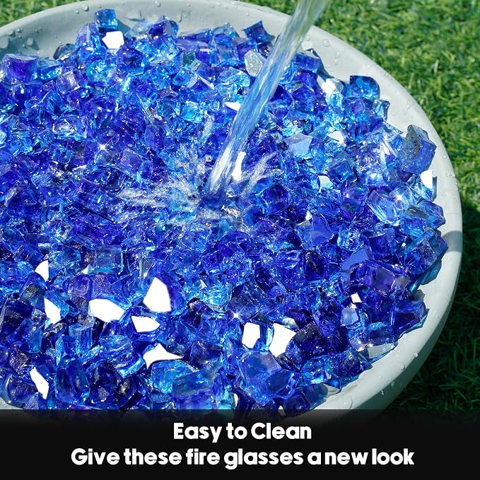 Skyflame 15LB Fire Glass for Propane Fire Pit, 1/2 Inch Cobalt Blue Reflective Glass Rocks, Fireplace Fire Table Decorative