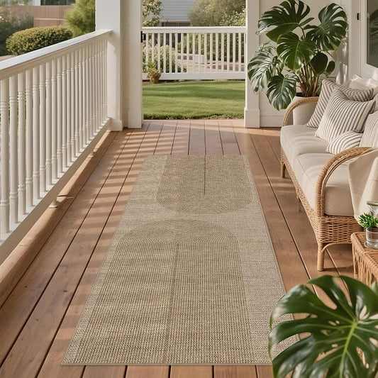 Outdoor Easy Jute Runner Rug: 2x6 Modern Natural Area Rugs for Front Patio Hallway Linen-Look Fabric Durable - Neutral Washable Mat for Entryway Kitchen Bedroom - Geometric Arch Pattern