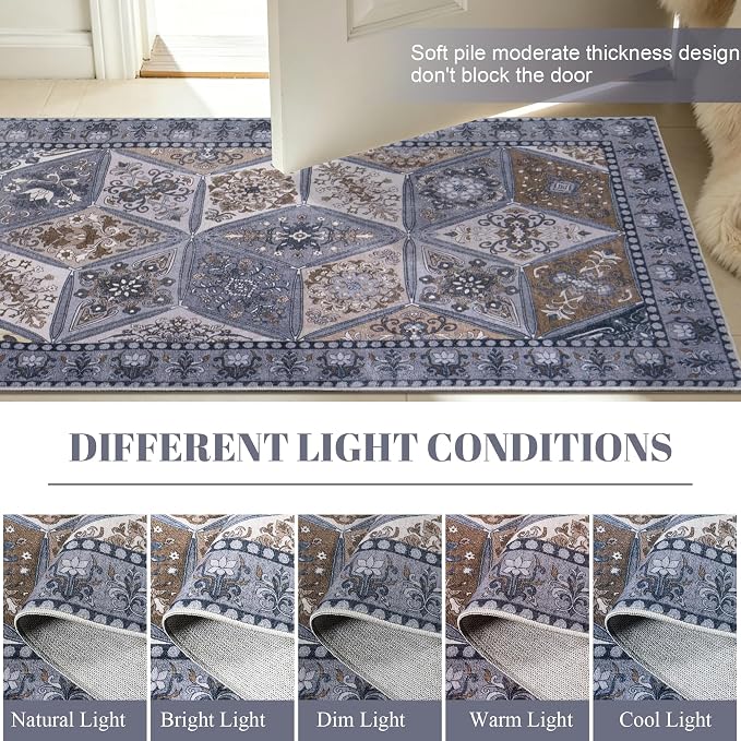 Moroccan Boho Floral Geometric Patchwork Washable 5x8 Large Area Rug | Vintage Distressed Non Slip Throw Carpet for Bedroom Livingroom Kitchen Hallway Entryway Office Dining Room Docer, Dark Grey