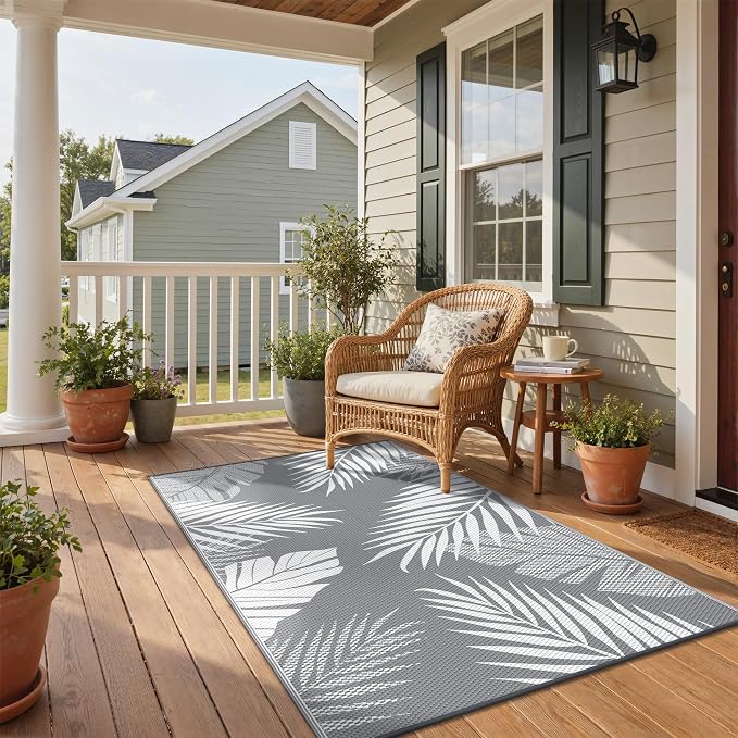 GENIMO Outdoor Rug 3' x 5' Waterproof for Patios Clearance, Reversible Outdoor Plastic Straw Camping Rug Carpet, Large Area Rugs Mats for RV, Camper, Deck, Balcony, Porch, Beach, Picnic, Grey&White