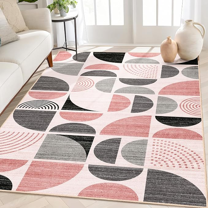 Pink Rug Boho Washable,4x6.5 Area Rugs for Bedroom Entryway Living Room Bedside,Small Throw Floor Carpet Non Slip Soft Indoor Modern Abstract Pink and Grey