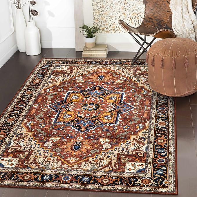 Moynesa Ultra-Thin Washable Oriental Area Rug - 3x5 Non-Slip Laundry Room Rug, Non-Shedding Stain Resistance Low Pile Kitchen Mat Indoor Throw Carpet for Fall Decor Bathroom, Brown/Multi