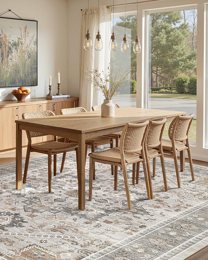 Washable Area Rug-12X15 Vintage Neutral Soft Taupe | Non Slip Thin Foldable Large Floor Carpet for Living Room Bedroom Kitchen Dining Room Home Office Farmhouse Indoor