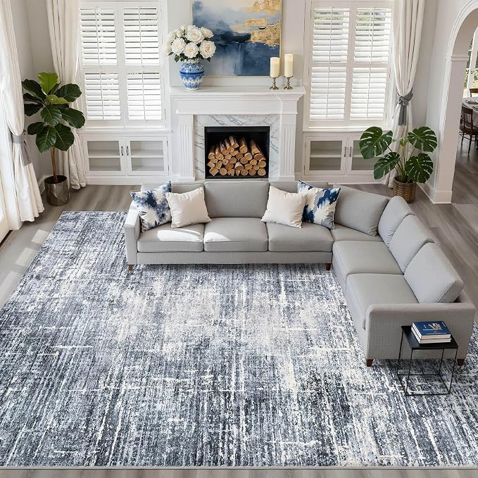 LOONGRUG 10x14 Area Rugs Washable Neutral Modern Living Room Rug Navy Blue | Large Abstract Soft Stain Resistant Indoor Non-Slip Carpet for Bedroom Nursery Kids Office Playroom Dining Room