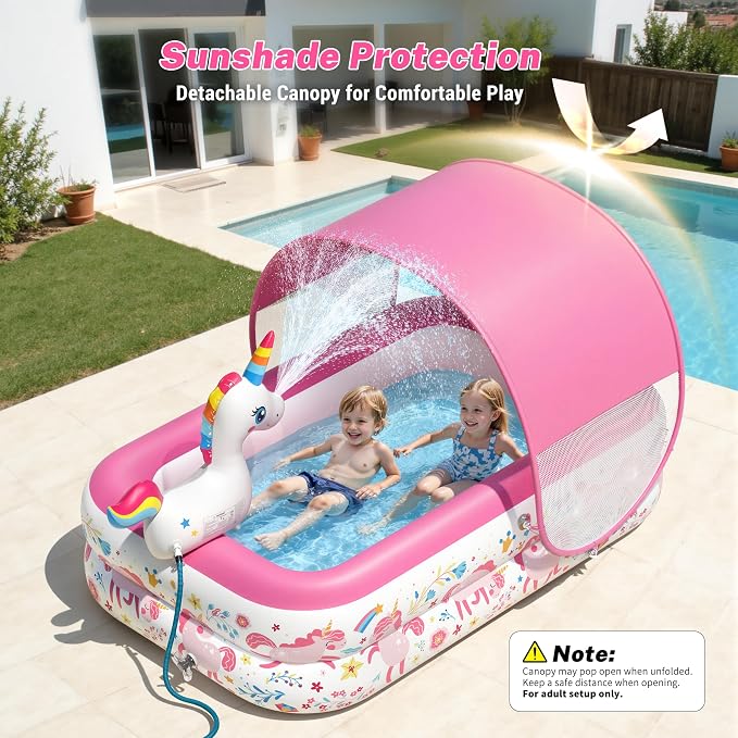 JOSEN Unicorn Kiddie Pool with Canopy and Sprinkler, Inflatable Baby Pool with Soft Cushioned Floor, Portable Toddler Pool Ball Pit for Backyard, Outdoor/Indoor Play Toys Girls Birthday Gift(Pink)