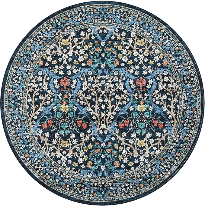 GarveeHome Dark Blue Floral 4 ft Round Rug Washable Non-Slip Soft Low Pile Small Circle Carpet Vintage Rugs for Kitchen Bedroom Nursery Dining Living Room