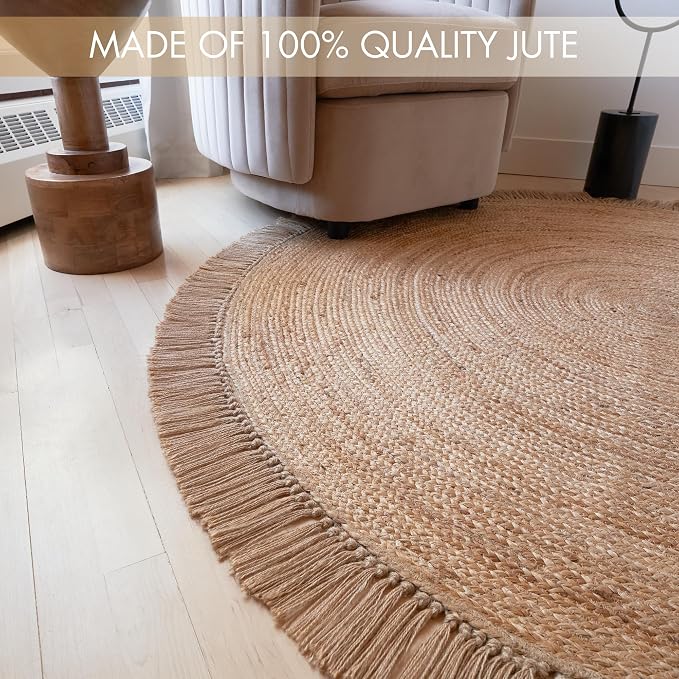Beautiful 5x5 ft Round Jute Area Rug - Natural Hand Woven Braided Circle | Fits Perfectly Into Your Entry Area, Kitchen or Living Room - Modern Braided Mat Enhances Any Boho Decor