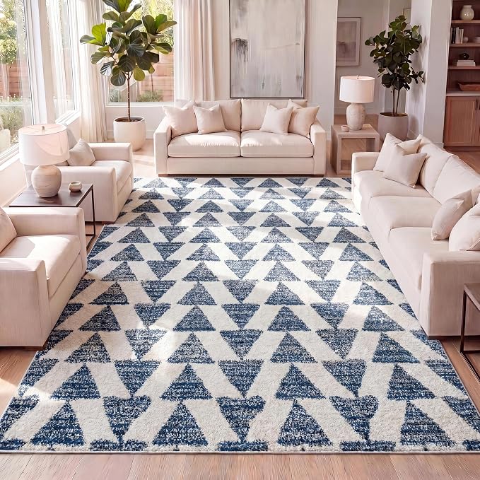 JONATHAN Y Aisha Moroccan Triangle Geometric Cream/Navy Indoor Area Rug, 4x6, Contemporary, Modern, Easy-Cleaning for Living Room, Bedroom, Kitchen, Pet Friendly, Non-Shedding (MOH206D-4)