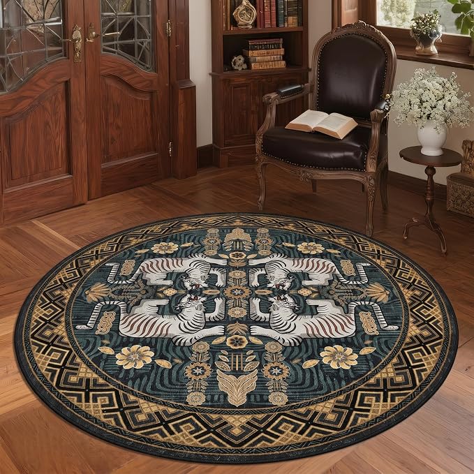 GarveeHome Tiger Round Area Rugs Boho Bedroom Non Slip Washable Vintage | 4ft Blue Animal Print Bedroom Circle Rugs,Tribal Floor Carpet for Dining Room Entryway Nursery Playroom Office