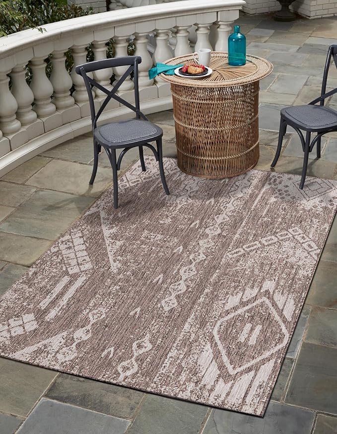Unique Loom Outdoor Bohemian Collection Area Rug - Anthro (9' x 12' Rectangle, Brown/ Ivory)