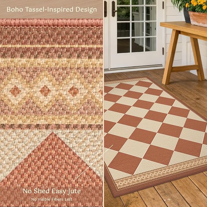 Terracotta Beige Diamond Checkered 3x5 Entryway Rug, Boho Easy Jute Indoor Outdoor Rug, Modern Farmhouse Washable Non Slip Porch Patio Rug for Kitchen, Balcony, Bedroom, Laundry Room, Mudroom