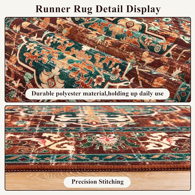 U'Artlines 2' x 7' Boho Hallway Runner Rug, Washable Carpet, Rust＆Teal | Non Slip, Vintage Farmhouse Accent Area Rug Carpet, for Kitchen Entryway Laundry and Living Room
