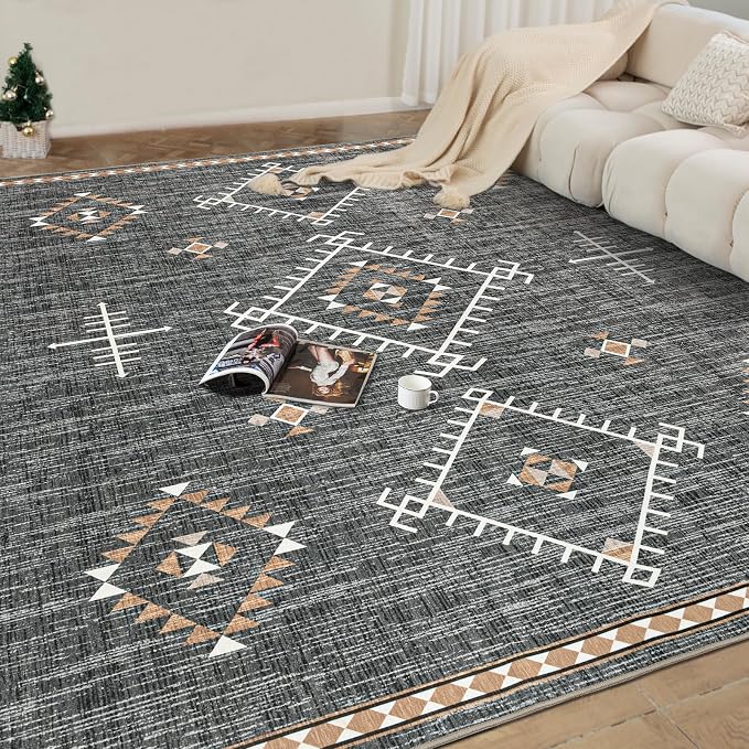 ILANGO Area Rug 8'x10' for Living Room Bedroom Washable Moroccan Boho Rugs for High Traffic Area Non Slip & Non-Shedding Rugs Fade Resistant Carpet for Kitchen Office (Dark Grey)