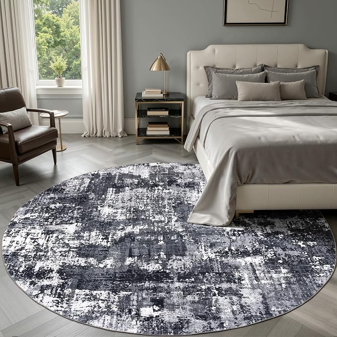 Sasttie 6ft Round Area Rug, Modern Abstract Circle Carpet, Black & White | Machine Washable, Ultra-Soft Faux Wool, Low Pile, Non-Slip, Lightweight, Thin, for Living Room, Bedroom, Dinning Room & Dorm