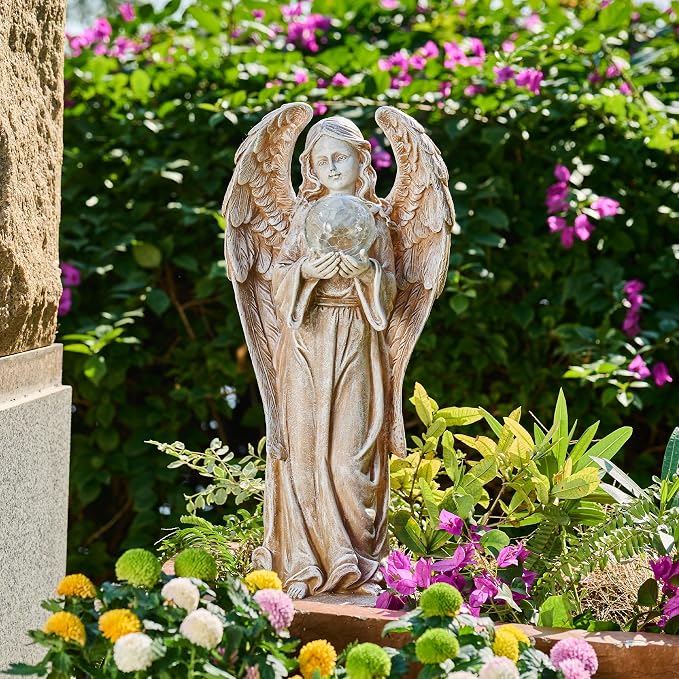 TERESA'S COLLECTIONS Large Angel Garden Statues with Solar Outdoor Light for Outdoor Decor, Fairy Figurine Resin with Wing & Glass Ball for Garden Decor, Yard Decor Lawn Ornament Gifts for Mom, 23"