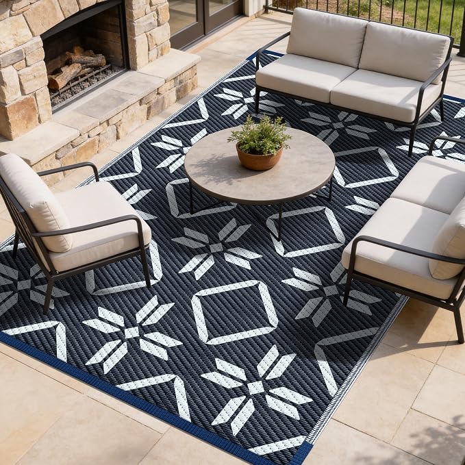 Kohree Outdoor Rug Waterproof 9x12, Reversible RV Outdoor Plastic Straw Rug Patio Mat, Non-Slip Easy Cleaning RV Carpet for Patio Camping Deck Picnic, Backyard, Includes Carry Bag (Blue)