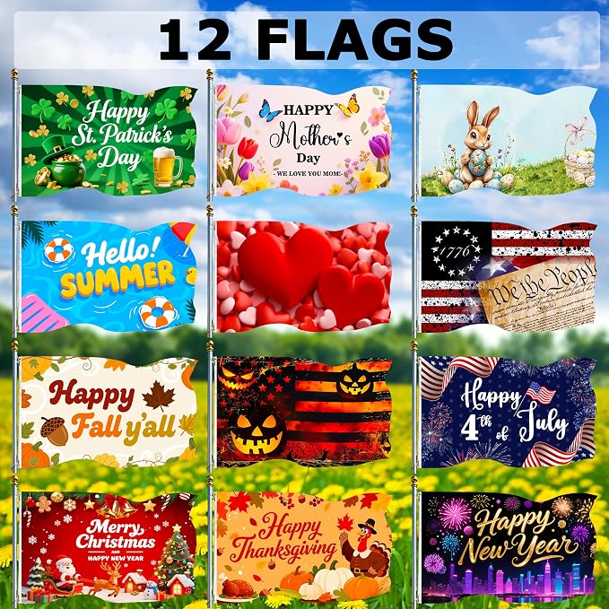 12Pcs Seasonal Garden Flags for Outside 3x5Ft Double Sided Yard Flags Holiday Banner with Grommets for All Seasons Holiday Decorations Fall Thanksgiving Halloween Christmas