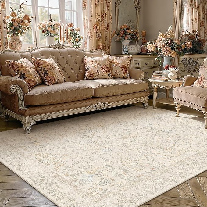 5x7 Beige Floral Area Rug Vintage Farmhouse Style | Washable, Non Slip, Soft Low Pile, Carpet for Bedroom, Living Room, Dorm Room, Nursery, Botanical Decor