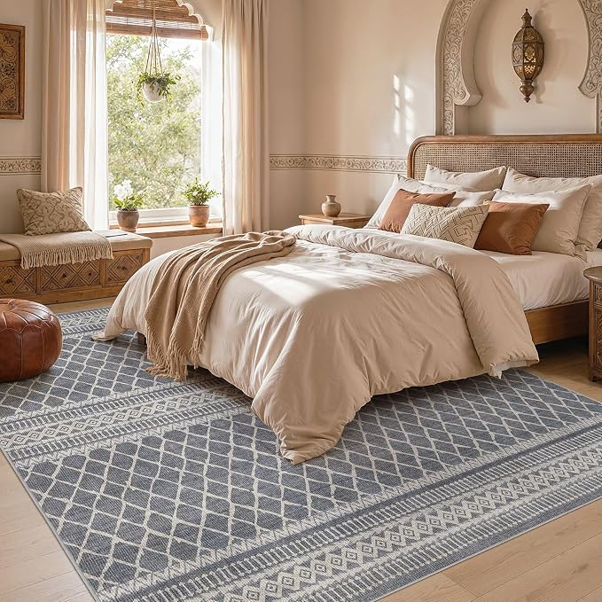 cotiled Boho 9x12 Area Rug for Living Room: Large Moroccan Washable Rug | Solve Modern Neutral Trendy Home Decor - Stain Resistan Carpet for Bedroom Farmhouse Dining Room