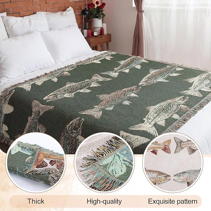 Moukeren 60 x 50 Inch Woven Tapestry Throw Blanket with Colorful Tassel, Rainbow Trout, Great Lakes Trout Fishing Gift, Fly Fishing Gift for Fisherman Dad or Husband