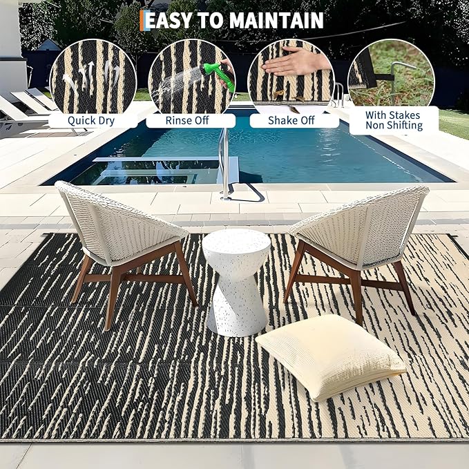 Garvee Patio Rugs Outdoor Waterproof 8x10 Modern Outdoor Camping Rug, Neutral Striped Plastic Straw Rugs, Reversible UV Resistant Outside Carpet for Picnic Backyard Deck Camper Balcony, Black Coffee