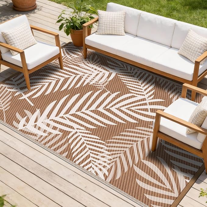 Kohree Outdoor Rug Waterproof 9x12, Reversible Outdoor Plastic Straw Rug with Leaf Pattern, Easy-Cleaning RV Mat Carpet for Patio, Porch, Camping, Balcony, Deck, Backyard, Brown & Beige