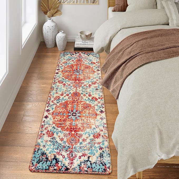 Lahome Reine Floral Washable Kitchen Runner Rug, 2x6 Hallway Entryway Runner Rug, Oriental Medallion Non-Slip Mat, Bohemian Low-Pile Floor Carpet Runners for Bathroom Laundry Bedside, Orange