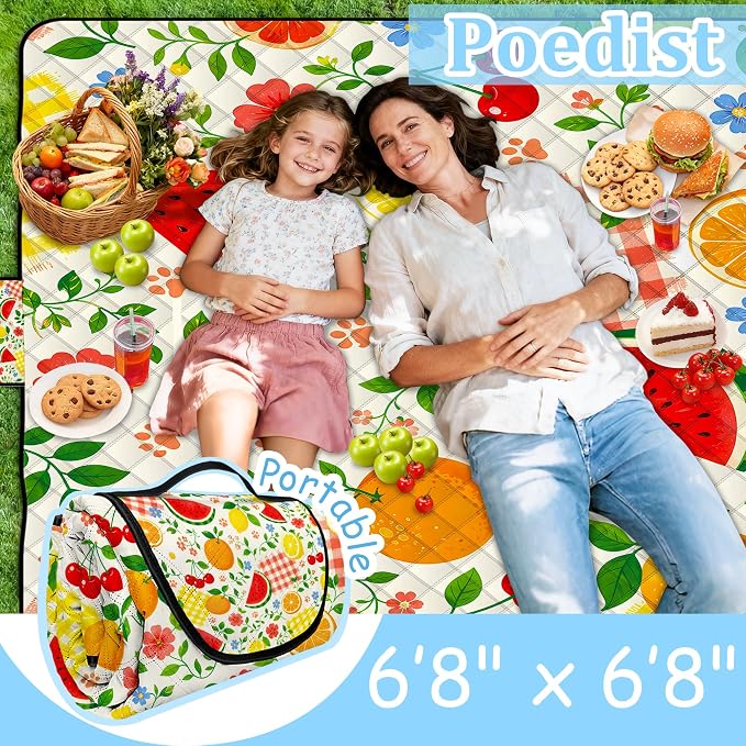 Extra Large Picnic Blanket Waterproof,80"x 80"Foldable Machine Washable Outdoor Blanket,Fruit Beach Blanket for 6-8 Adults,Picnic Mat Suitable for Indoor Crawling,Park Beach,Camping,Hiking,Travel