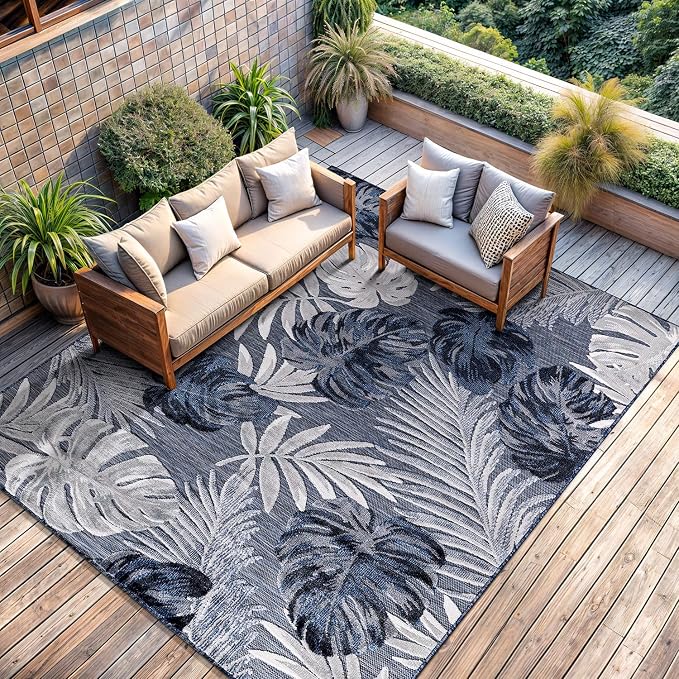 CAMILSON Indoor Outdoor Rug, Navy Blue 9’x12’ Leaf Tropical Botanical Area Rugs for Indoor and Outdoor patios, Easy-Cleaning Non-Shedding Living Room Garden and Kitchen Washable Outside Carpet (9x12)