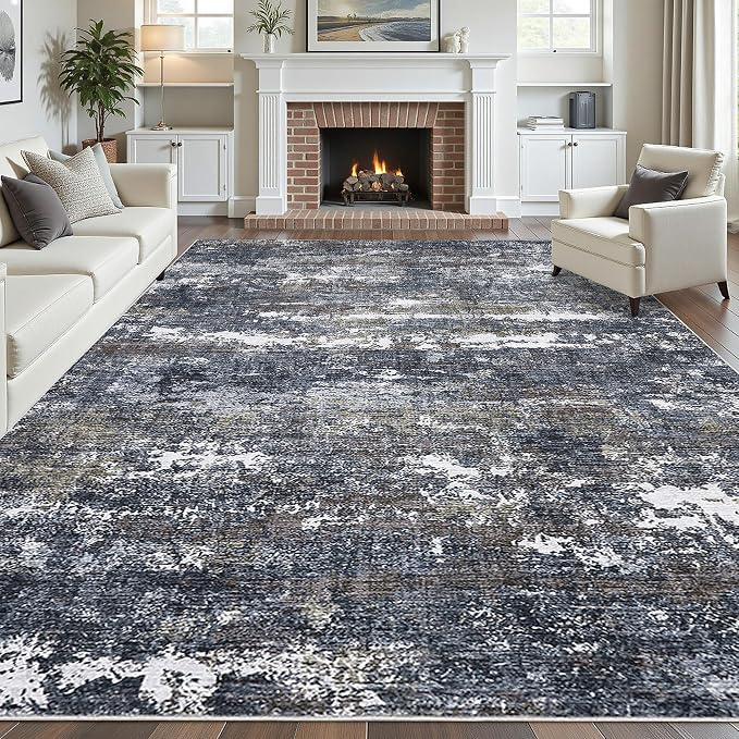 ROYHOME 10x14 Abstract Area Rugs for Bedroom Machine Washable, Grey Brown | Modern Rugs for Living Room with Non-Slip Backing, Soft Nursery Carpet
