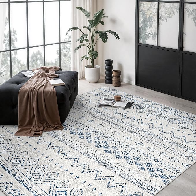 Miukiki 5x7 Washable Area Rug for Living Room, Soft Non Slip Rug Blue | Non-Slip Thin Throw Rug for Bedroom Kitchern Dining Room Office, Low Pile Indoor Floor Carpet with Vintage Pattern 5'x7'