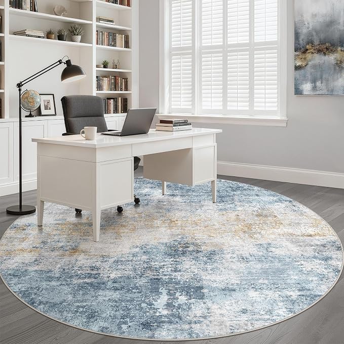 LOONGRUG Round Rug 8x8 Washable Neutral Modern Living Room Rug Blue Gold | Circle Large Abstract Soft Stain Resistant Indoor Non-Slip Carpet for Bedroom Nursery Kids Office Playroom Dining Room
