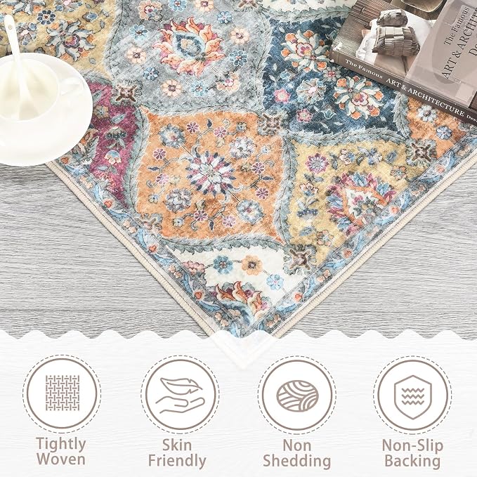 ROYHOME Runner Rug Washable Moroccan Trellis Hallway Runner, 2' x 6' | Stain Resistant Non-Slip Bedroom Rug Vintage Distressed Entrance Carpet for Laundry Kitchen, Purple/Grey