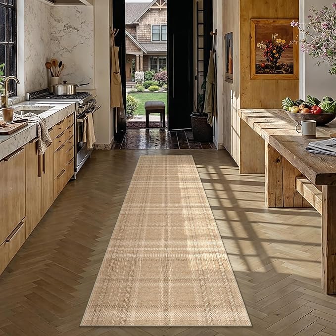 2x8 Brown Plaid Kitchen Runner Rug | Washable, Low Pile, Modern, Neutral, Soft, Non Slip, Rug for Hallway Bathroom Bedroom Nursery Indoor Home Decor