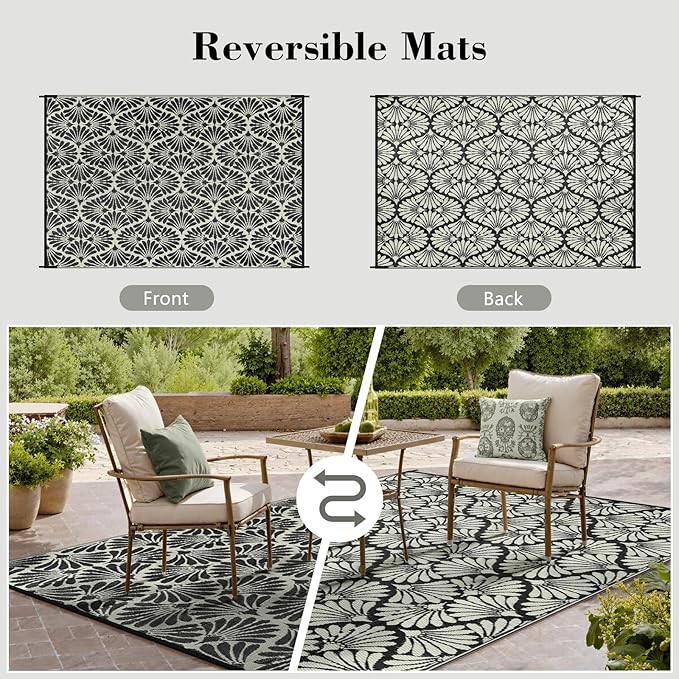 Lahome Outdoor Patio Rugs 8x10 Waterproof, Boho Outdoor Plastic Straw Rug for Porch, Stain Resistant Mats for Backyard Garden Deck Camping Outside, Black White,8'x10'