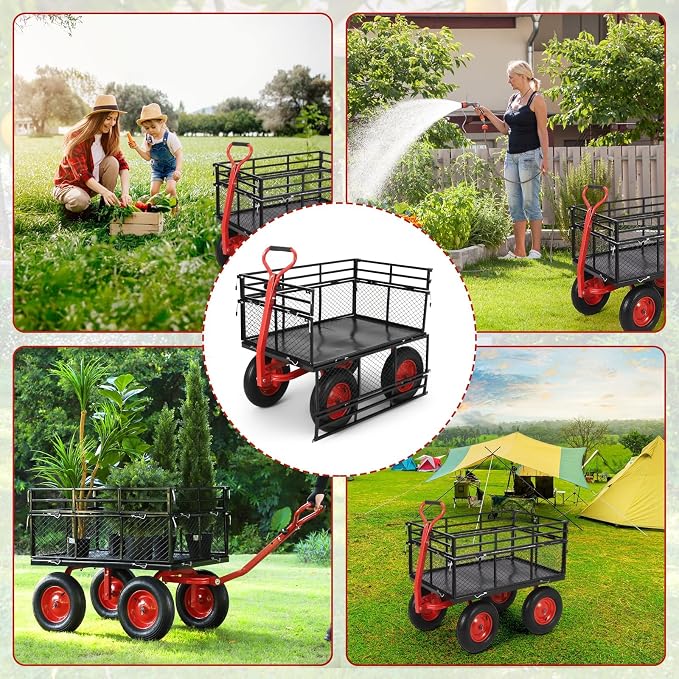 GarveeHome 1400Lbs Heavy Duty Steel Garden Cart, Garden Wagon Cart on Wheels, Metal Yard Utility Wagon with Removable Mesh Sides, 2-in-1 180° Rotating Handle and 16 Inch Wheels for Garden, Farm, Yard