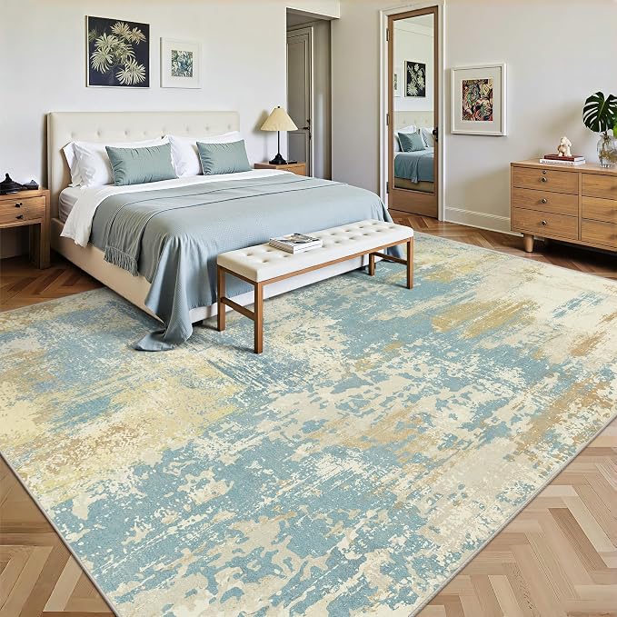 8x10 Rugs for Living Room - Modern Abstract Washable Rug, Ultra Soft Non Slip Low Pile Large Rugs, Floor Carpet for Bedroom Dining Room Office Laundry Nursery Home（Blue&Beige）