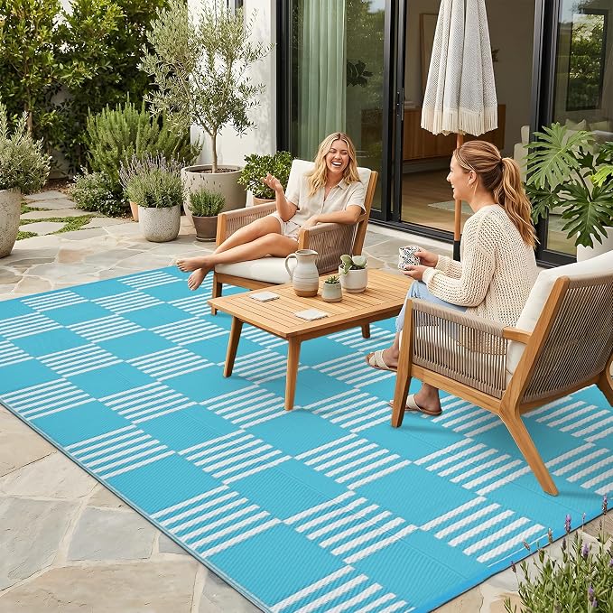 Garvee Waterproof Outdoor Rug 5x8, Checkered Foldable Plastic Straw Patio Camping Rug, Outdoor RV Carpet for Deck Camper Porch Balcony Backyard Picnic Beach Blue and White