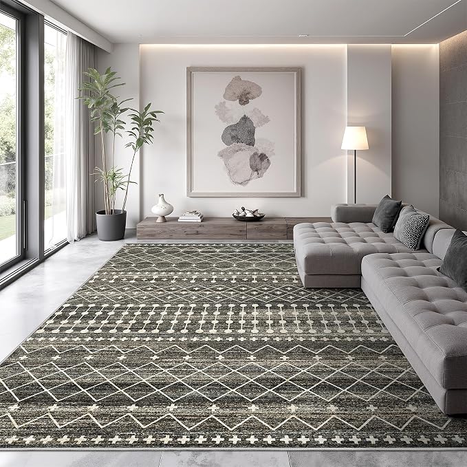 Miukiki 8x10 Area Rug for Living Room, Washable Soft Non Slip Rug Black | Moroccan Large Indoor Rug for Kitchen Bedroom Dining Room Office, Low Pile Soft Floor Carpet Home Decor 8'x10'