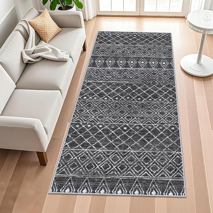 4x8 Modern Hallway Runner Rug:Moroccan Machine Washable Carpet Black | Non Slip Pets Friendly Runner Low Pile Soft Indoor Floor Mat Front Door for Kitchen Bedroom Entryway Laundry