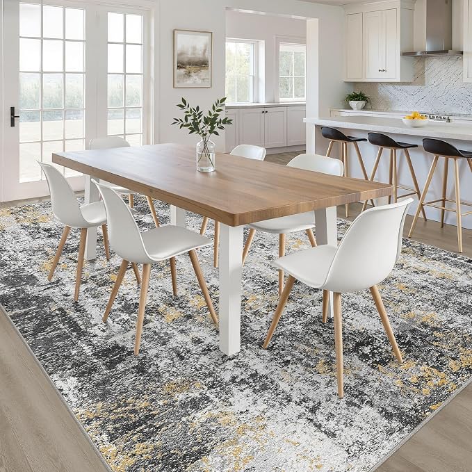 LOONGRUG 7x9 Area Rug Washable Neutral Modern Living Room Rug Black Gold | Abstract Soft Stain Resistant Indoor Non-Slip Carpet for Bedroom Nursery Kids Office Playroom Dining Room