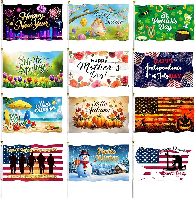 12 Pcs Seasonal Garden Flags 3x5 ft Double-Sided Outdoor Yard Flags with 2 Brass Grommets Each, Includes Spring, Summer, Fall, Winter & Major Holiday Flags for Year-Round Garden and Yard Decor