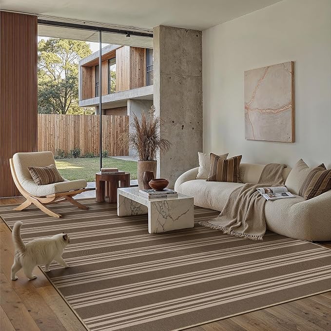 PureCozy Striped Easy Jute Rug 6x9 Brown Living Room Carpet Washable Non Slip Bedroom Rug Farmhouse Neutral Non Shedding Indoor Outdoor Large Carpet for Dining Room Under Table Office