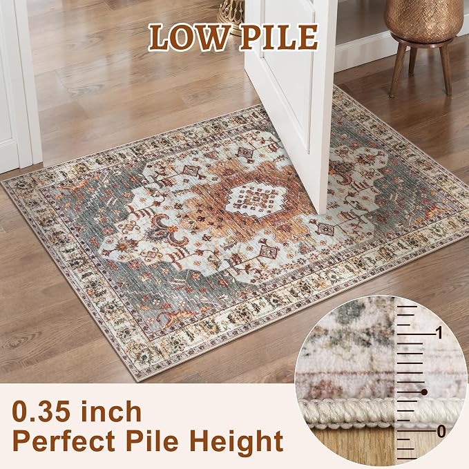 Tangsoo 2x4 Runner Washable Rugs for Entryway, Non Slip Small Area Rug | Oriental Indoor Front Door Print Rug, Vintage Small Carpet, Boho Soft Low Pile Rugs for Entrance Entry Kitchen Turmeric Decor