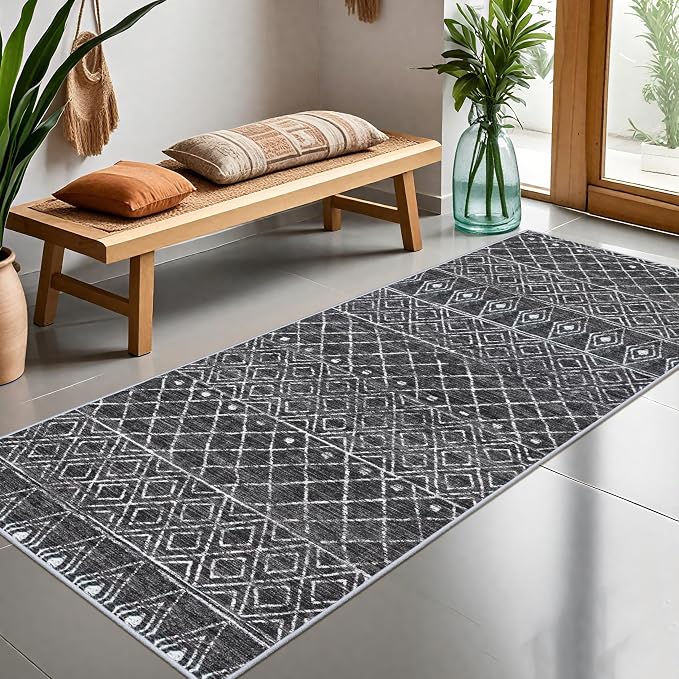 3x6 Moroccan Runner Rug Washable: Non Slip Pets Friendly Runners Black | Hallway Rug Low Pile Soft Indoor Floor Mat Front Door for Kitchen Bedroom Entryway Laundry