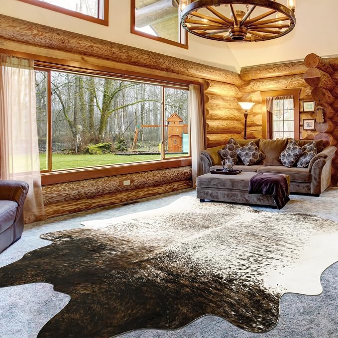 5x6 Cowhide Rug, Washable Faux Brown and White Cow Hyde Area Rugs for Living Room, Rustic Farmhouse Accent Animal Print Carpet for Apartment Couch, Synthetic Cowhide Decor