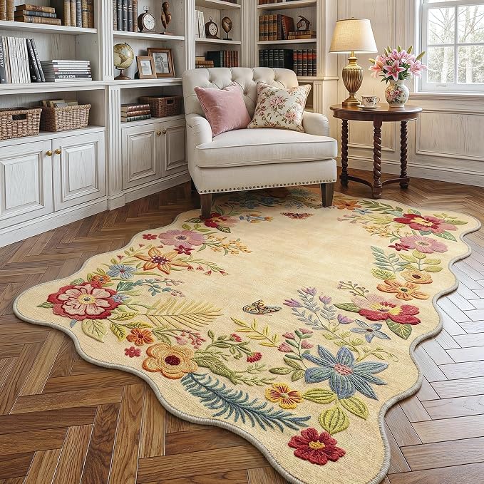 FMFUNCTEX 3x4 Washable Beige Floral Vintage Scalloped Area Rug for Entryway | Flower Colorful Traditional Boho Non Slip Low Pile Pattern Indoor Carpet Entrance Soft Rug Living Room Bedroom Kitchen Office
