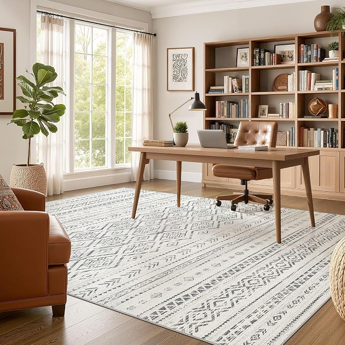 Nakagishi Area Rug Living Room Rugs: 10x14 Large Soft Machine Washable Boho Moroccan FarmNeutral Stain Resistant Indoor Floor Carpet for Bedroom Under Dining Table Home Office Decor-Grey